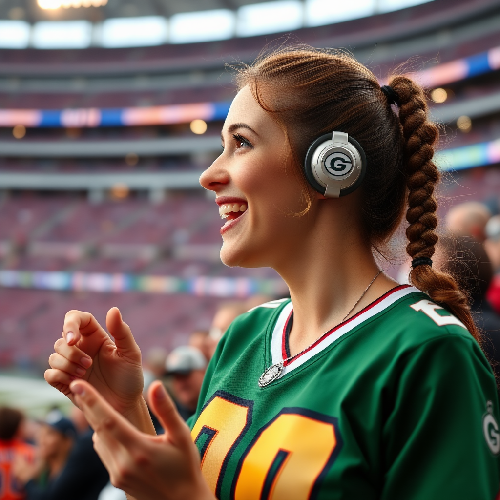 Attractive female NFL fan, pigtail hair, cheering, inside NFL stadium