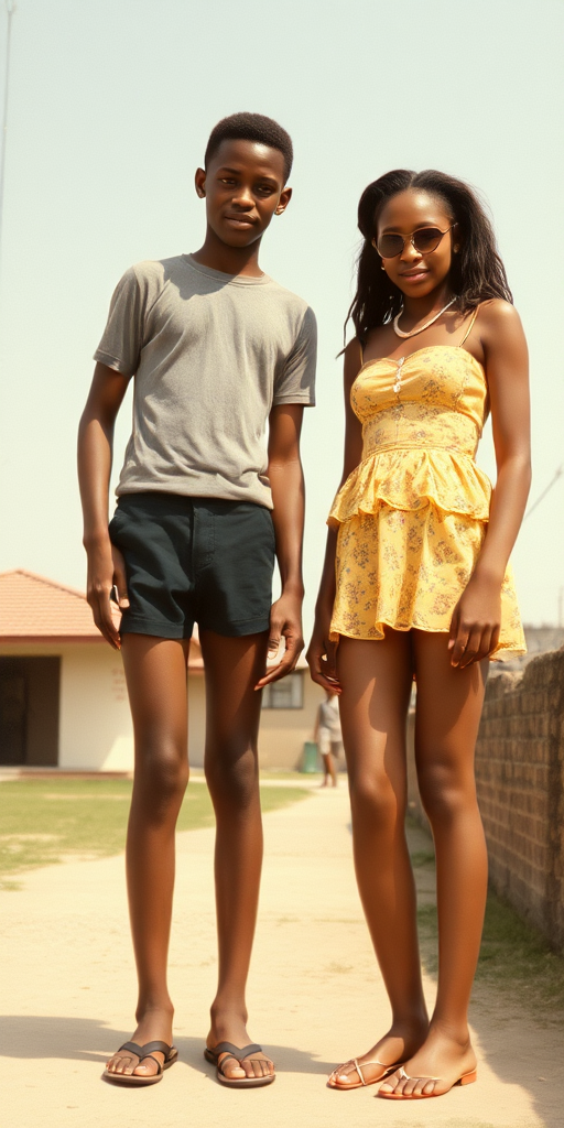 Vintage photo, 1980s. Hot summer. Nigeria. Tall 14yo teen boy and girl. Long legs, bare thighs. Full length view.