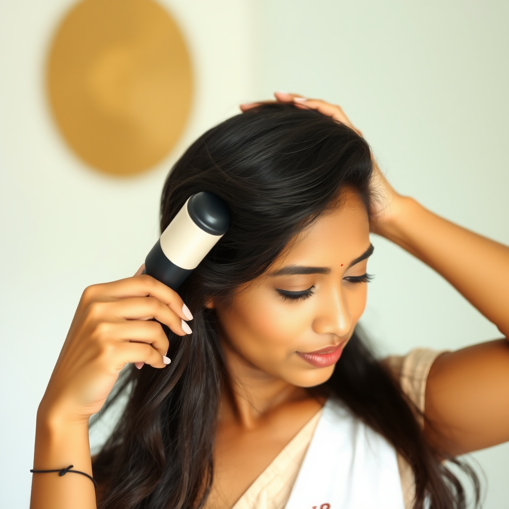 A attractive Sinhalese woman in her 20s brushing out her long hair with a rollerbrush