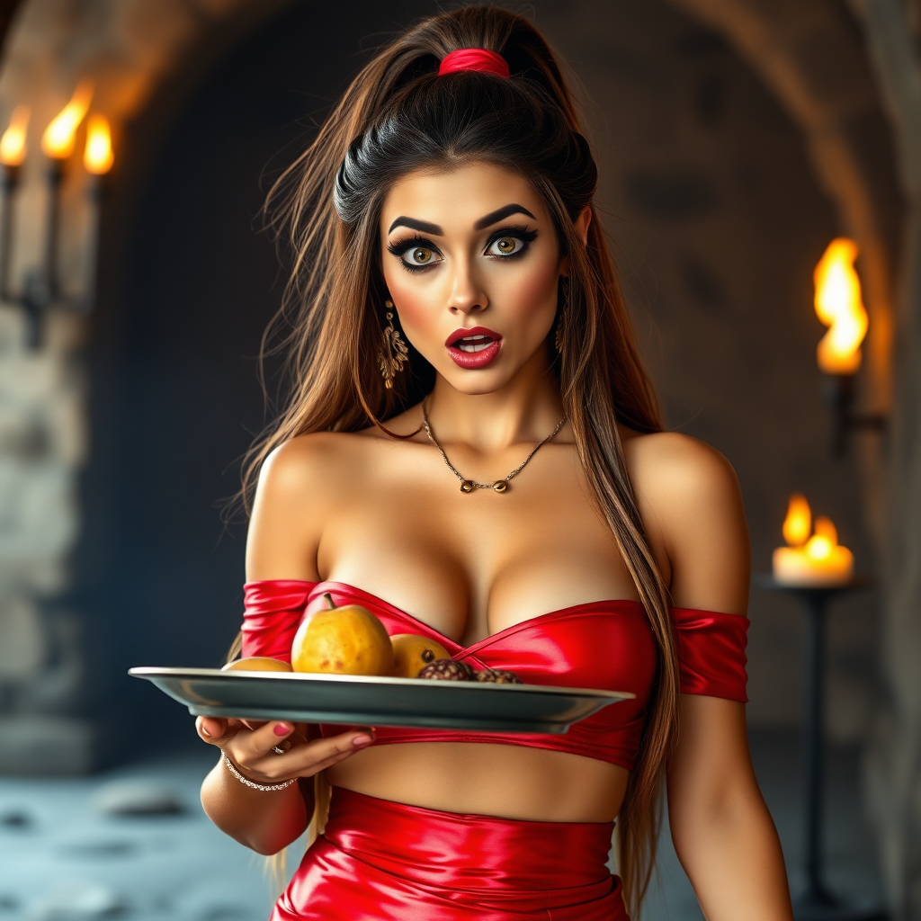 realistic photo of a surprised Arabian model with mouth open. She has very large eyes, black eyeshadow, black eyeliner, fake eyelashes, very tanned skin, very long hair. very high ponytail, she look likes princess jasmine, shinny red off shoulder crop top. photo realistic. She holds a metal tray with fruits just above her waist. crop top, shinny red skirt. full body view. shinny red pencil skirt. dungeon with fire torches in the background.