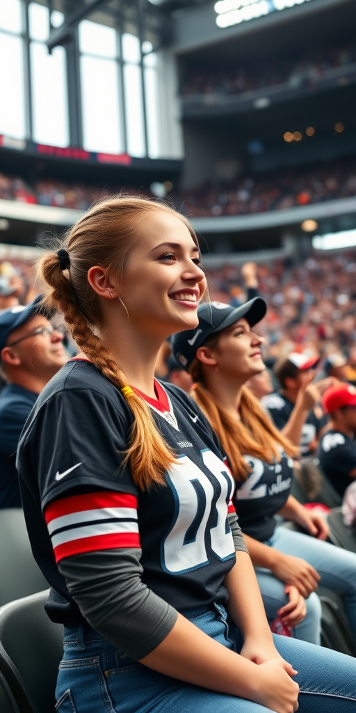 Attractive female NFL fan, pigtail hair, cheering with her friends, inside crowded bleachers, NFL stadium