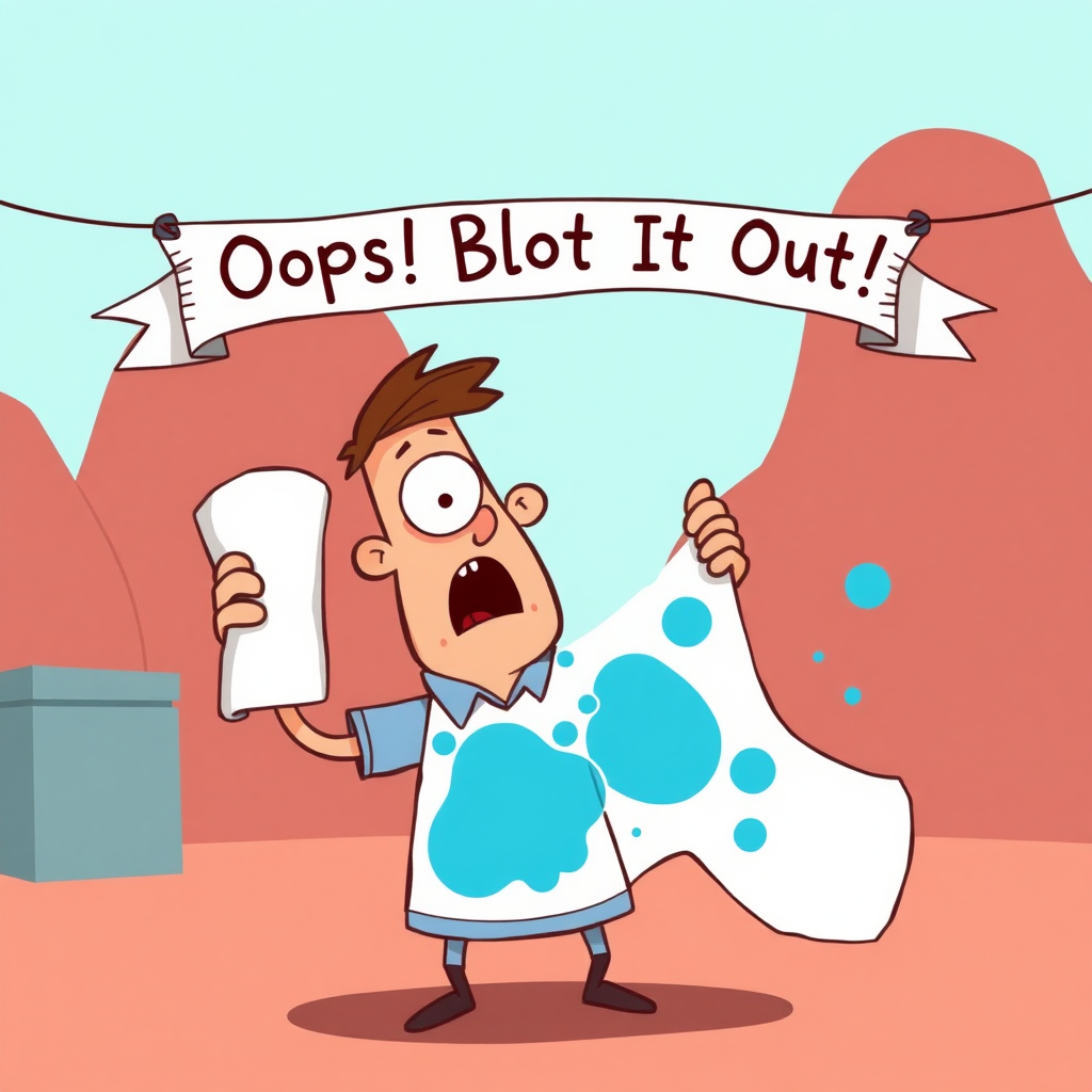 An imaginative scene depicting a cartoon character with a large ink blot on their shirt, looking surprised while trying to use a giant paper towel to blot the mess, with a whimsical banner overhead that reads, "Oops! Blot It Out!"