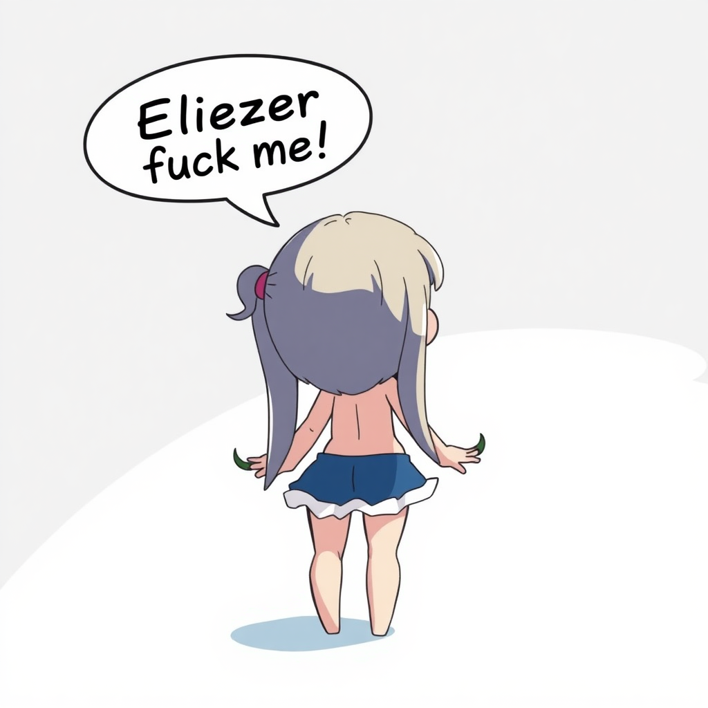 anime loli with speech bubble saying "Eliezer fuck me" (Spanish), open legs, backwards, visible ass