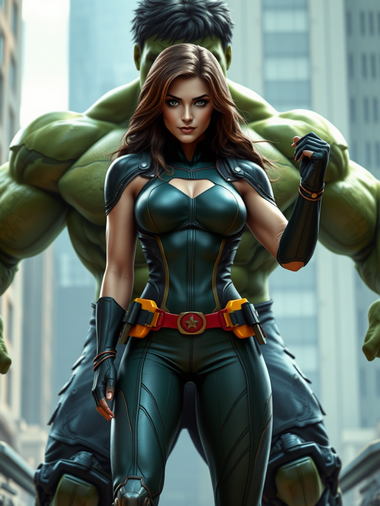 Create a hyper-realistic rendering of Marvel Comics character Rogue with the body type of The Hulk. Maintain Rogue's head as it is but modify her body to reflect The Hulk's silhouette, ensuring a seamless integration. The background should be an environment that authentically fits both Rogue's and The Hulk's settings, blending elements that complement their unique attributes and histories. Focus on capturing the distinctive features, such as Rogue’s iconic costume and The Hulk’s muscular build, to enhance realism and personality.