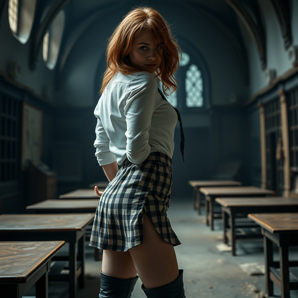 emma watson as hermione granger, midnight, 18 year old, tousled hair, seductive, very white skin, natural makeup, overknee boots made from leather, lifting short checkered miniskirt, volumptous butt, ripped white linen shirt, necktie, flat chest, looking cravingly at viewer over shoulder, full body shot, seductive, teasing, dark and moody, skin details, skin imperfections, dirty and abandoned hogwarts classroom in background, pale moonlight, photorealistic, ultra high resolution, 16K, viewed from side, suggestive pose