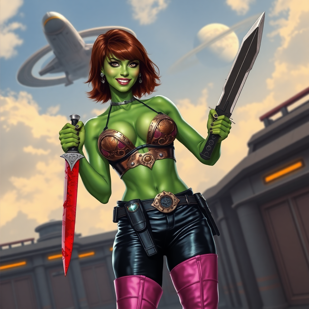 Tall, beautiful green skinned woman. Her brown hair is in a shag-cut style. Her eyes are gold. She is dressed in an ornate metal bra. She is wearing black leather pants, with pink knee high boots. She is holding a large, bloody dagger in a threatening manner. She is smiling. A sci-fi looking gun is holstered at her hip. She is at a sci-fi space-port. A spaceship is seen in the sky, a ringed planet behind it.