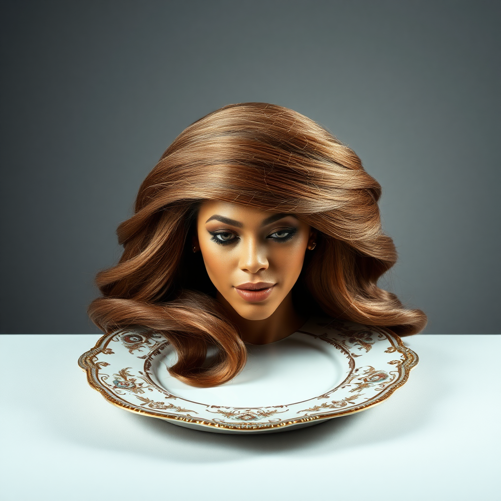 In a surreal and striking scene, the elegantly styled disembodied head of a stunningly beautiful Beyoncé rests gracefully on an ornate, luxurious plate, which is carefully placed on a simple, understated table. Her very long, flowing hair cascades like a rich waterfall of silky, rich brown locks, framing her exquisite face and accentuating her radiant, flawlessly glowing skin. The delicate contours of her chin rest lightly against the polished surface of the plate, lending an unexpected intimacy to the bizarre presentation.

The background is a muted, plain gray, casting an air of modern minimalism that contrasts dramatically with the lavishness of her appearance. Soft shadows play across her features, highlighting the subtle high cheekbones and perfectly shaped lips, which seem poised for a soft smile. The atmosphere feels both elegant and eerie, inviting intrigue and contemplation as viewers are drawn into this surreal artistic tableau, where beauty and the absurd collide in unexpected harmony.