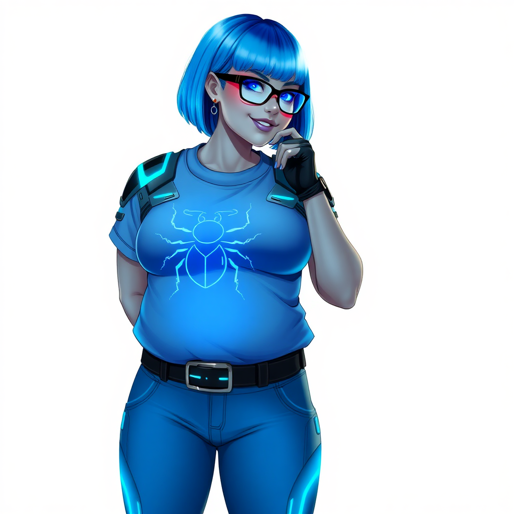 A 28-year-old, full-figured, metallic middle gray skinned computer program hybrid with a vibrant maximum blue bob cut. She has a non-athletic build, highlighted by a prominent, round, large midsection (fully emphasizing her round large belly) while being covered by her large t-shirt, reflecting her new junk food eating habits influenced by her boyfriend. As the full-figured, nerdy, digital sidekick to her cyberpunk vigilante boyfriend, her middle gray metallic skin and maximum blue lipstick underscore her digital essence. She dons a digital, computerized outfit: a large, tight-fitting, high-tech, maximum blue t-shirt with neon blue glowing beetle themed accents complete by a giant neon blue glowing beetle icon on the chest, hi-tech shoulder pads with neon blue accents, a black hi-tech belt with a digital neon blue glowing buckle, digital maximum blue pants with neon blue accents, and black hi-tech gloves with neon blue glowing accents. Her neon blue glowing eyes, black eyeglasses with neon blue glowing lenses equipped with a built-in HUD, and shy smile with neon red blush highlight her nerdiness. She stands bashfully with one hand behind her back and the other gently touching her cheek, her outfit covering all her bare skin and fully emphasizing her full-figured physique (especially her large belly). She is clearly non-athletic, with a heavy focus on her full-figured physique (with full emphasis on her large belly). Despite her build, she radiates beauty. Her slim face contrasts with her physique, accentuating her radiant beauty. She is set against a solid white background. She is drawn as if she were in a retro 2D cyberpunk fighting game.