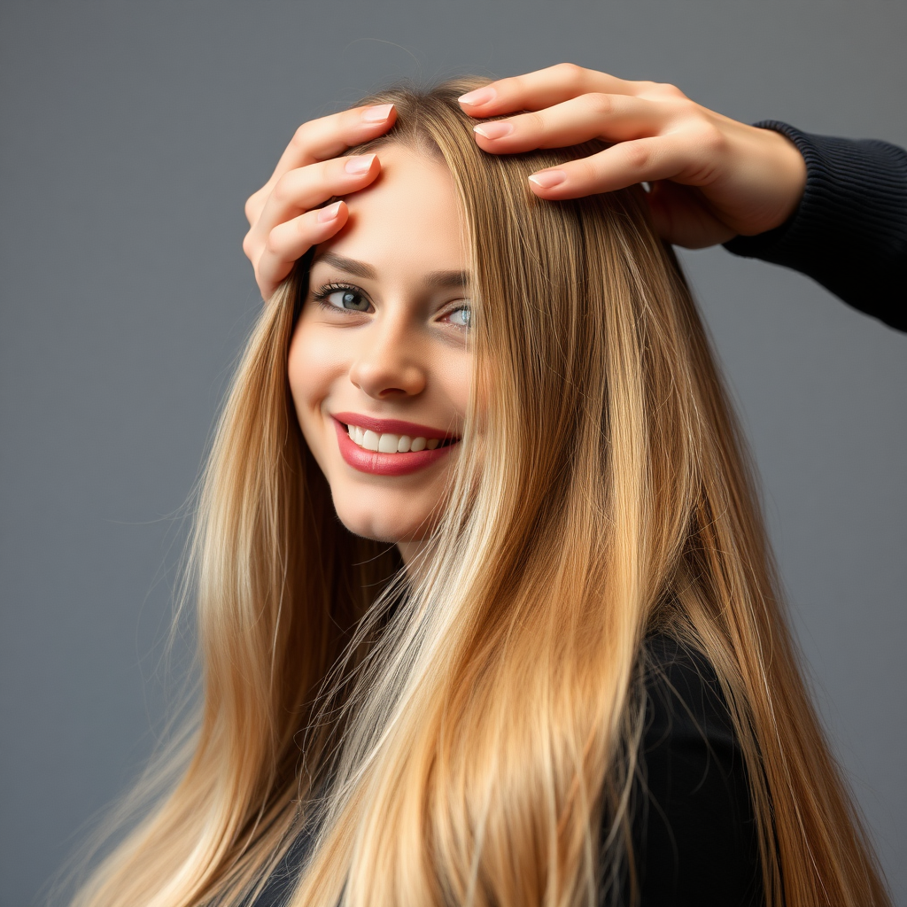 POV, beautiful very long haired blonde woman sitting in a hair salon smiling at the camera while I reach out from behind the camera to massage her scalp. My fingers are digging into her hair rubbing her scalp while her hair is covering my hands. Plain gray background.