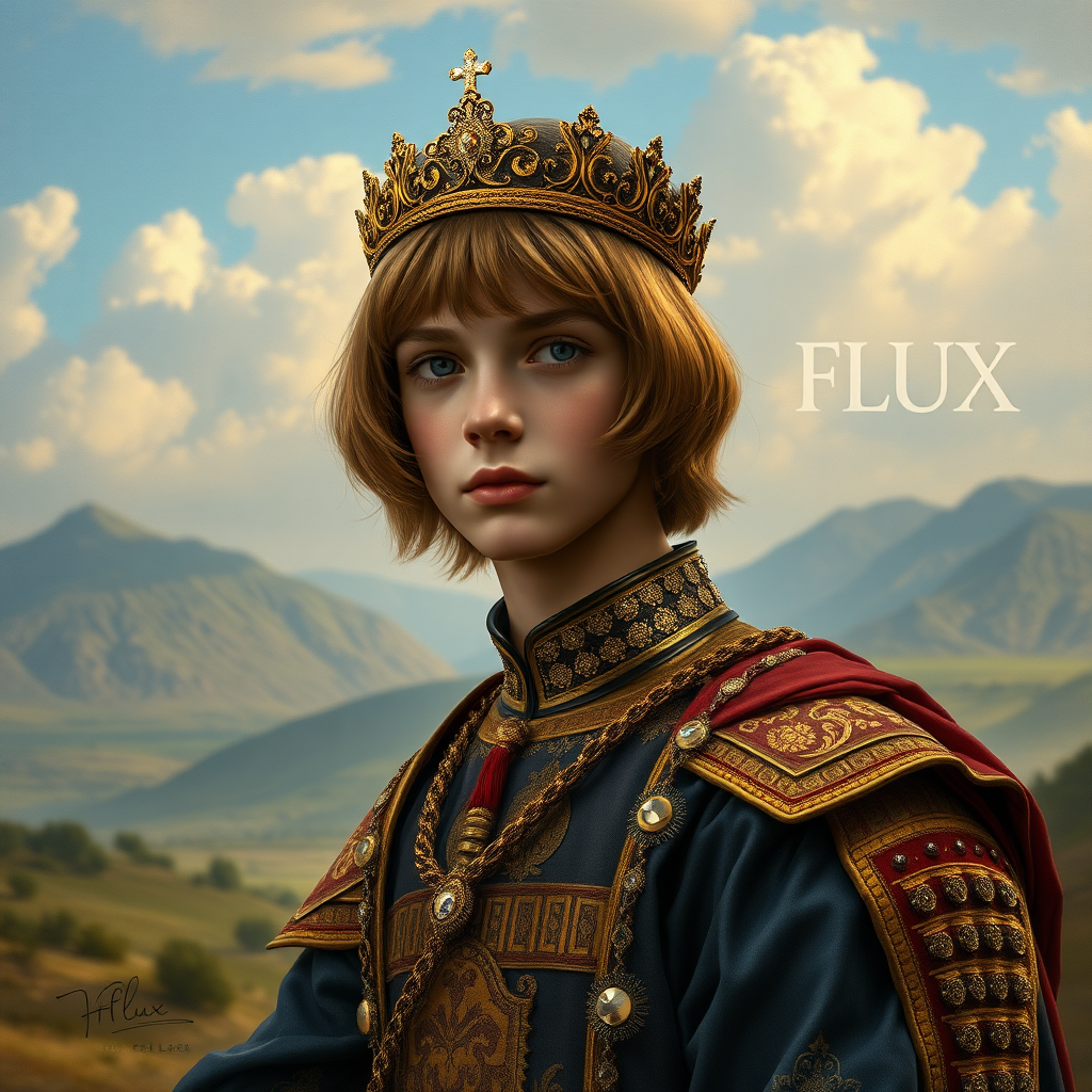 16yo teen boy prince, long bob cut, embroidered with gold and diamonds medieval cloths, diamond diadem, and Beautiful War. Free style by FLUX photorealistic. The background is in the style of landscape style by Antonio del Polaiolo, Generating the signature at the bottom: Viva FLUX & Bach, ultra high resolution, 16K,