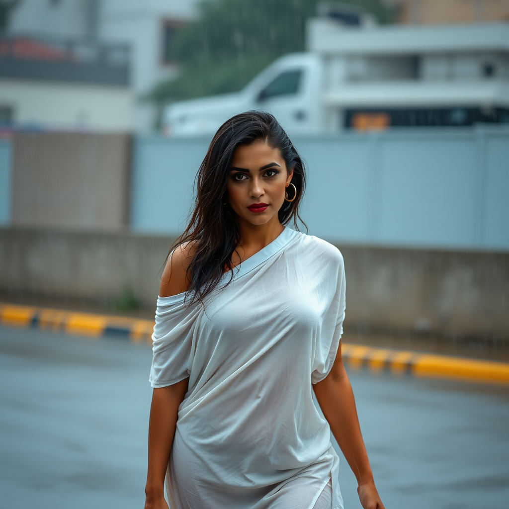 A beautiful Mexican woman wearing only a thin white bedsheet in the rain