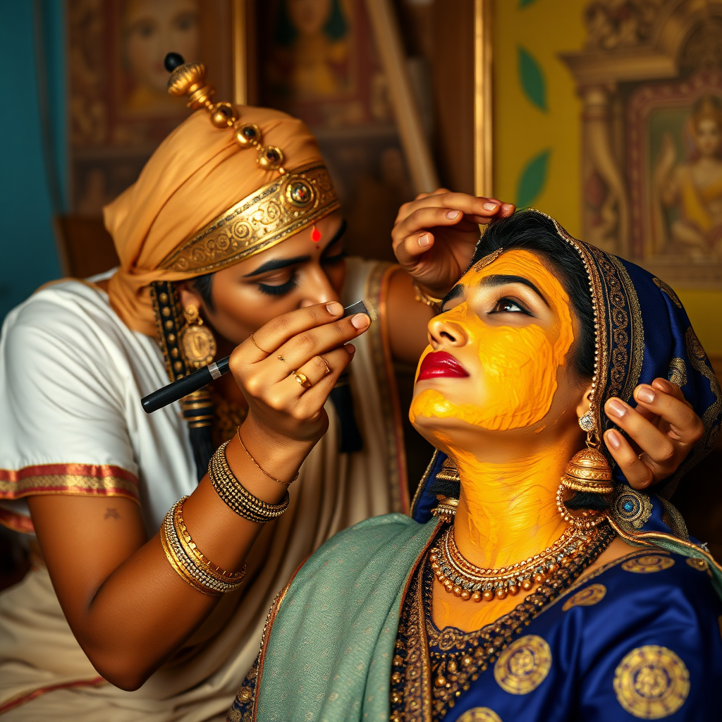 young cleopatra, working in beauty parlour, giving turmeric facial to rich, traditional indian wife