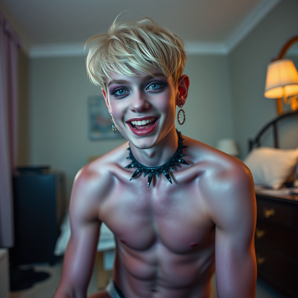 photorealistic, ultra high resolution, 16K, surreal fantasy, studio lighting, a pretty 14 year old goth male, slim male physique, short blonde hair, goth makeup, earrings, glossy purple pantyhose, white ballet shoes, spiky neck collar and leash, in the bedroom, excited smile, facing the camera.