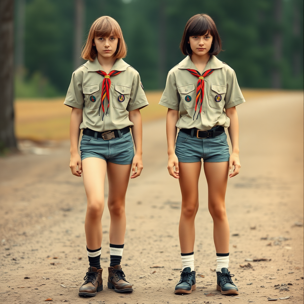 Two tall 14-year-old teen boys, long hair bob cut, wearing American boy scout uniform with very tight booty shorts, socks, shoes, long legs, narrow thighs, full-length view. 1980s. 
Photorealistic, ultra high resolution, 16K,
Negative: grainy, blurry, bad anatomy, extra limbs, watermark.