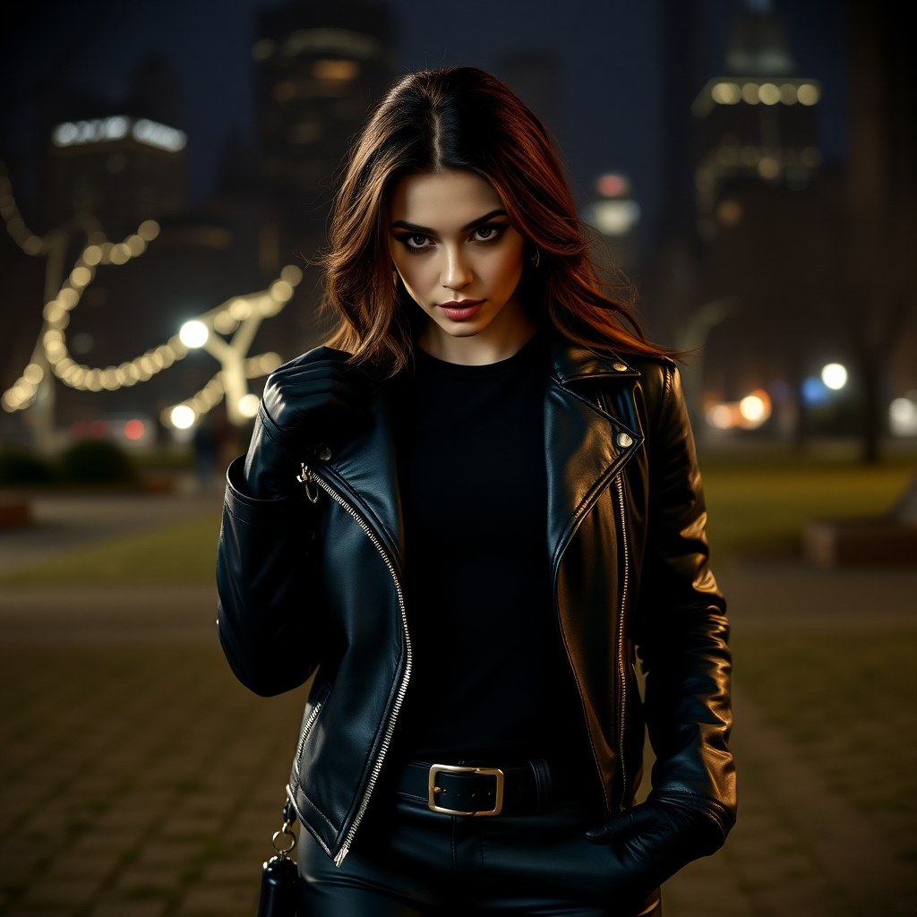 A beautiful brunette badass female burglar in black leather jacket over black t-shirt with black pants and gloves in Manhattan park at night.