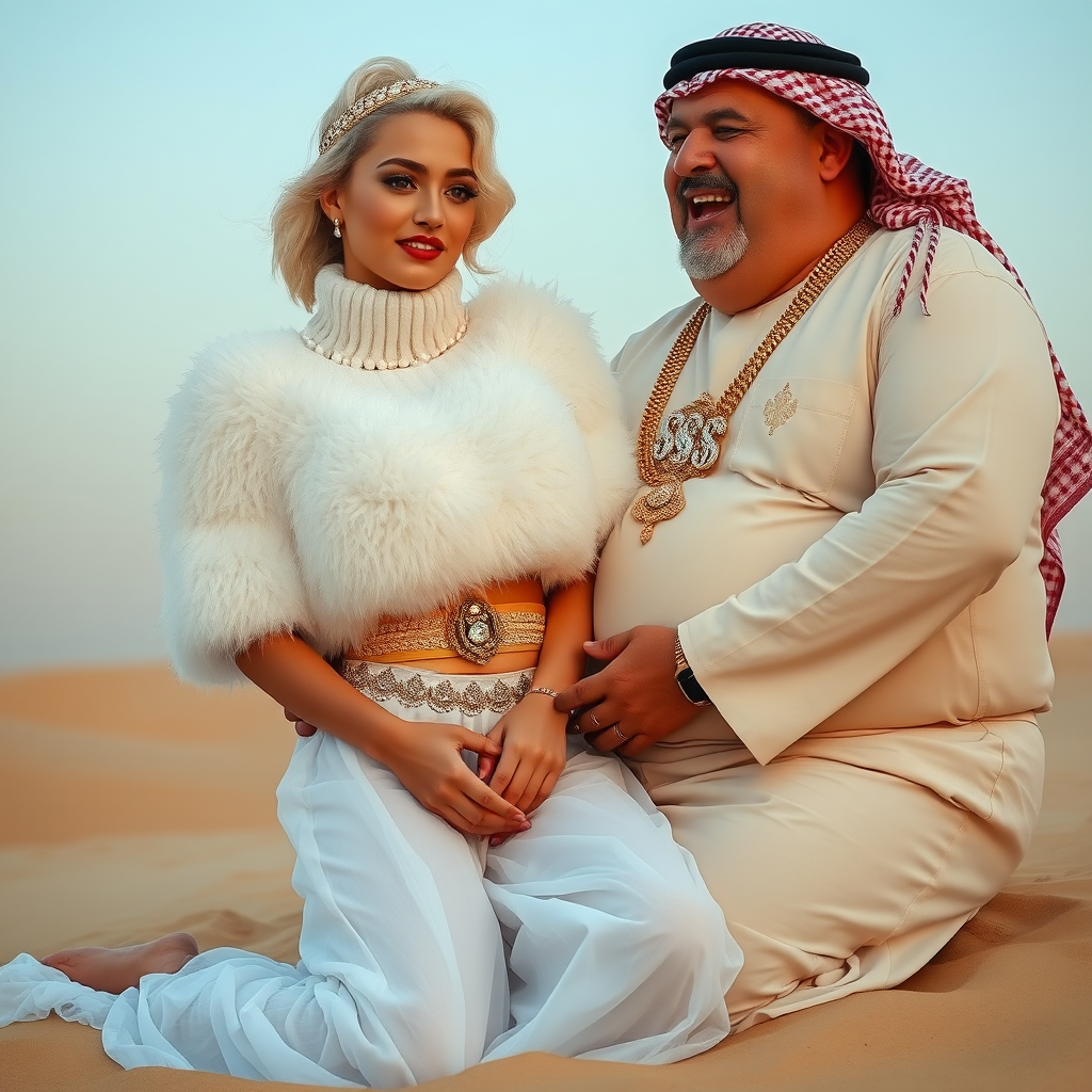 Kuwait desert dunes misty dawn: Melissa, European 17 years old very convincing femboy “trophy-bimbo”, tamed servile docile, very beautiful feminine flawless face, rather short boyish figure, platinum blond short tight curls, bold red lips, heavily made-up face, wearing Supertanya-style fluffy very fuzzy bright white angora turtleneck-poncho cropped ending under bust decorated with pearls and gemstones, striking oriental wide gold bridal protection belt, white fully transparent harem pants, full Oriental bridal jewelry with striking headpiece, full Oriental face-jewelry, striking diamond “$$$” letter brooch on left chest, pout frustrated, hands tied behind back, kneeling in sand with older overweight mighty sheik laughing, devotedly embracing Melissa..