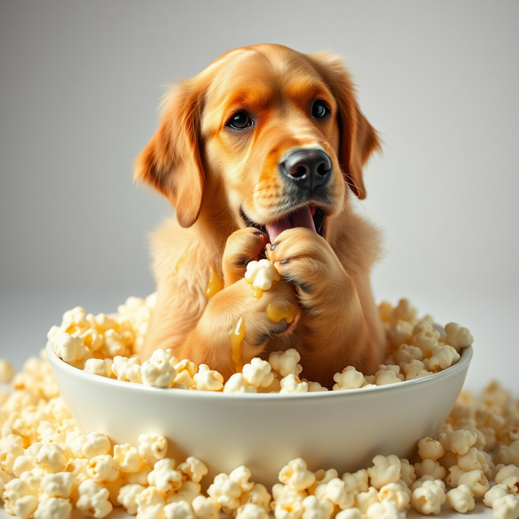 (A golden retriever dog) covered in (melted butter), sitting in a (bowl of popcorn) and (licking its paws), as if it just jumped into the bowl.