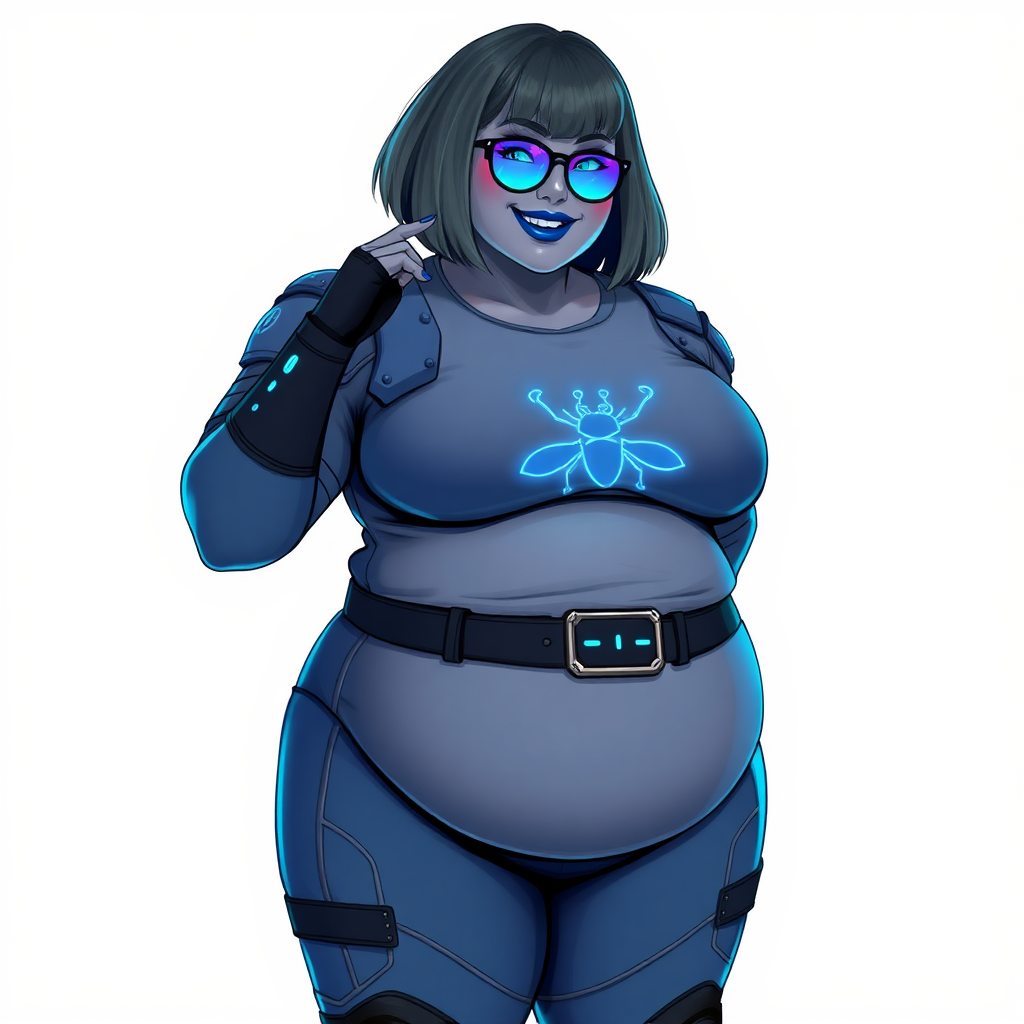 A 28-year-old, full-figured, metallic middle gray (N5) skinned computer program hybrid with a maximum blue bob cut. She has a non-athletic build, highlighted by a prominent, round, large midsection (with emphasis on her belly), which shows the effects of her new love of junk food acquired from her boyfriend. As the full-figured, nerdy, digital sidekick to her cyberpunk vigilante boyfriend, her metallic middle gray skin and maximum blue lipstick (5PB 5/12) emphasize her digital nature. Her skin has a subtle, animated glow, with digital patterns occasionally flickering across it, making her digital nature obvious. She wears a digital, computerized costume, consisting of a huge, tight-fitting, maximum blue t-shirt (5PB 5/12) with a neon blue glowing chest icon of a beetle, hi-tech shoulder pads with neon blue accents, a black hi-tech belt with a digital neon blue glowing buckle, digital maximum blue biker pants (5PB 5/12) with neon blue accents, and black hi-tech fingerless biker gloves with neon blue glowing accents. Her neon blue glowing eyes, black eyeglasses with neon blue glowing lenses equipped with a built-in HUD, and bashful smile with neon red blush accentuate her nerdiness. She stands bashfully with one hand behind her back and the other hand gently touching her cheek, her costume covering all her skin and emphasizing her full-figured physique (especially her belly). She is clearly non-athletic, with a focus on her full-figured physique. Despite her build, she radiates beauty. She has a slim face compared to her physique, accentuating her radiant beauty. She is on a solid white background. She is drawn as if she were in a retro 2D cyberpunk fighting game.