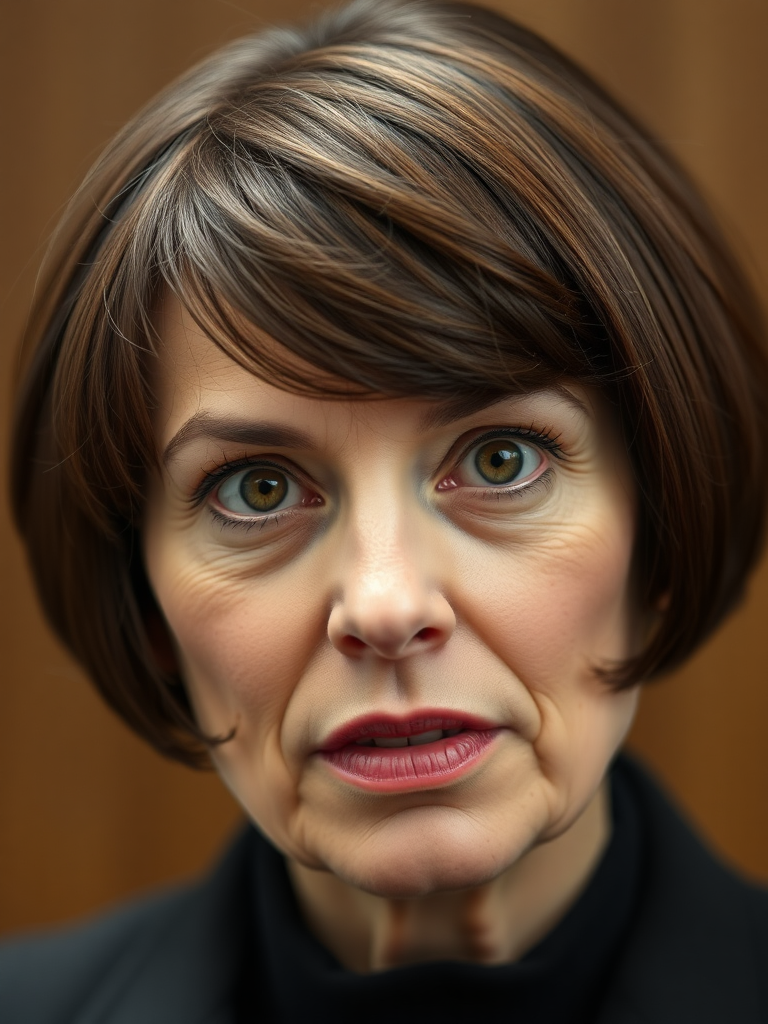 mature secretary, short brown bobcut, swept bang, brown piercing eyes, thick dark eyebrows, big nose, big mouth, big yellowish teeth, moles, skin imperfections, youthful, severe expression