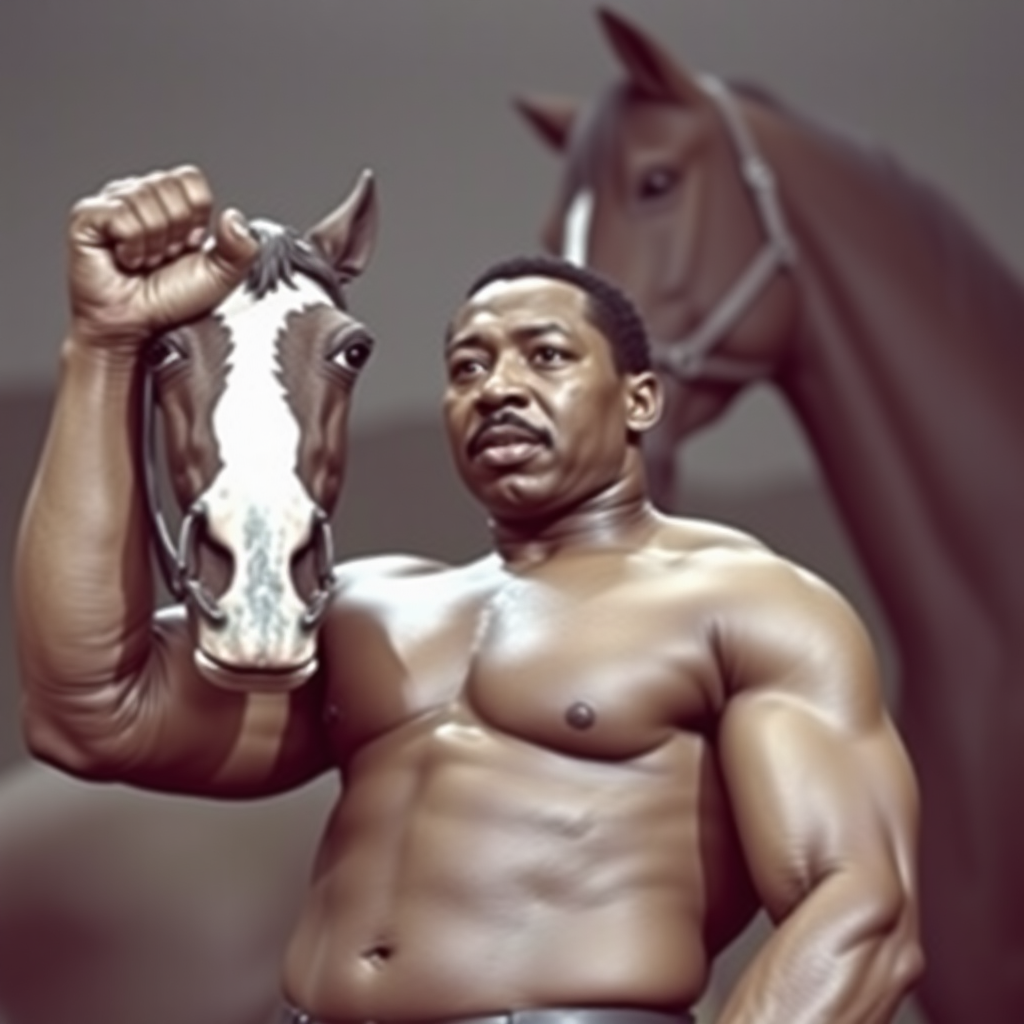 extremely muscular Martin Luther King after abusing steroids, flexing and lifting a horse.