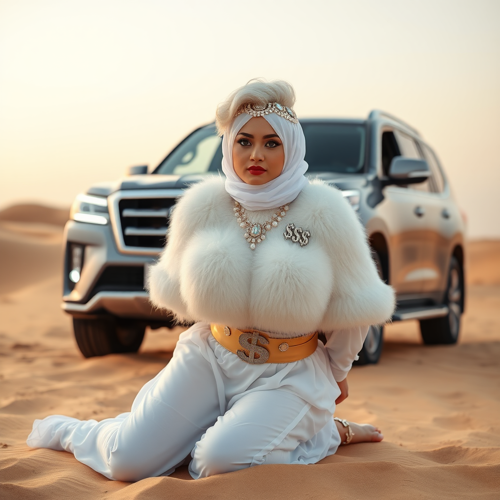 Kuwait desert dunes misty dawn, full size luxury SUV: Melissa, European 17 years old very convincing femboy “trophy-bimbo”, tamed servile docile, very beautiful feminine flawless face, rather short, by hormones very curvaceous womanly figured, platinum blond short tight curls, bold red lips, heavily made-up face, wearing Supertanya-style fluffy very fuzzy bright white angora turtleneck-poncho cropped ending under bust decorated with pearls and gemstones, striking oriental wide gold bridal protection belt, white fully transparent harem pants, full Oriental bridal jewelry including headpiece, face partly covered by white transparent harem-style face veil, coin anklets, striking diamond “$$$” letter brooch on left chest, pout frustrated, hands tied behind back, kneeling in sand in front of SUV, looking at camera. Focus on face and turtleneck-poncho.