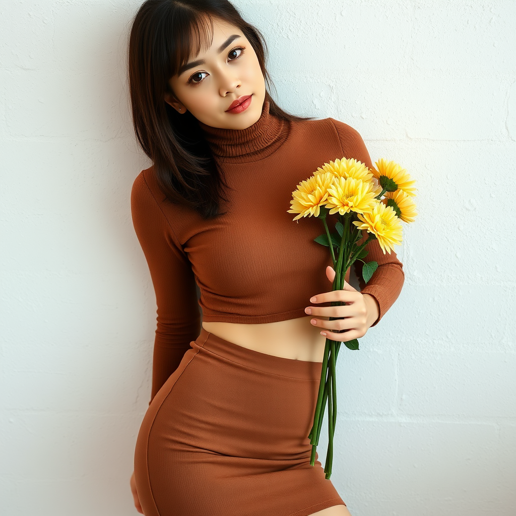 A slim girl in a brown turtleneck crop top and brown body-tight skirt, leaning like a model against a white rough texture wall indoors, holding yellow-white chrysanthemum flowers, close-up shot, slim model face.