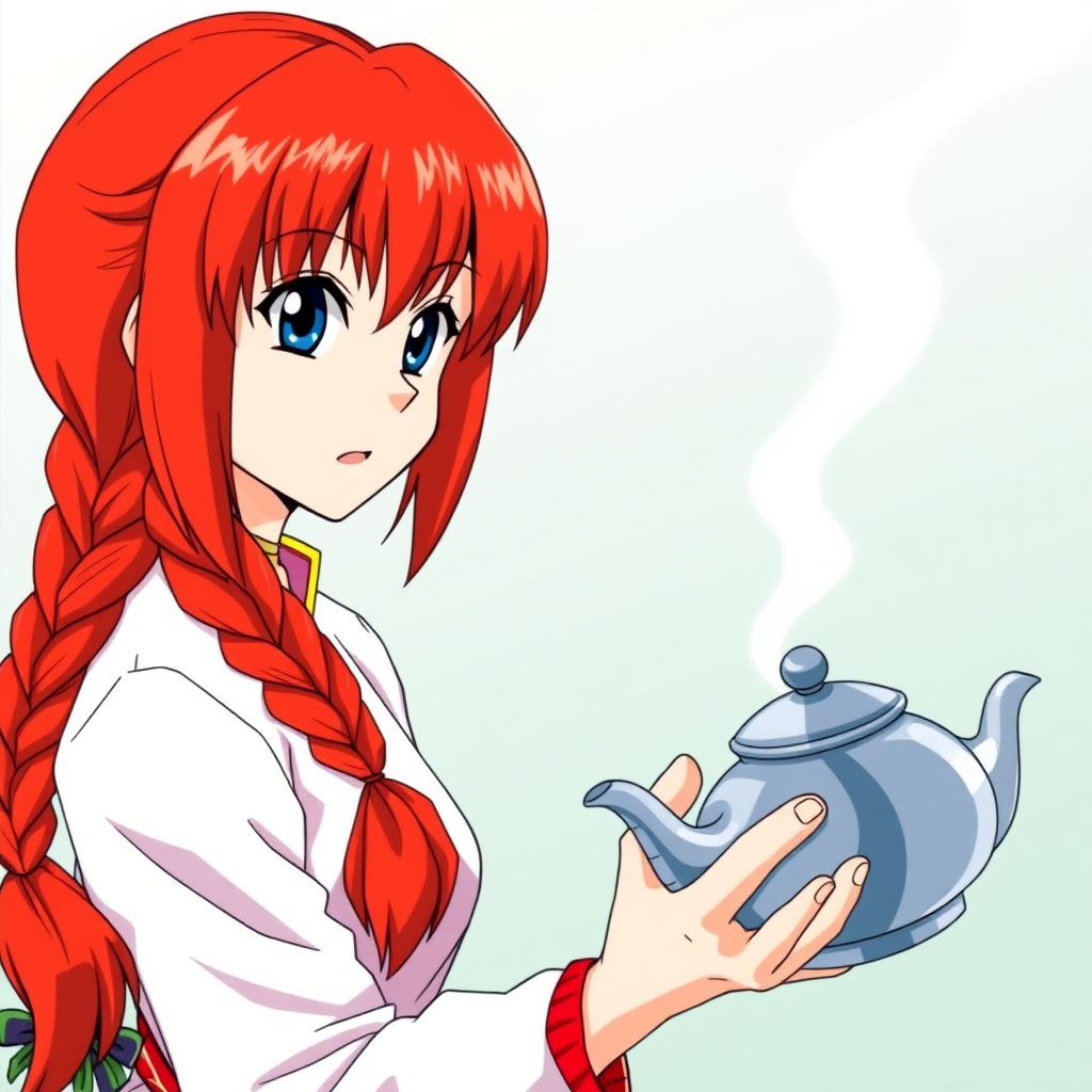 Ranma Saotome from the series Ranma 1/2 is a red-haired girl with a braid about as long as her head is wide, blue eyes, and she usually wears a Chinese fighting suit.

Ranma is currently seen dodging a teapot with hot water.