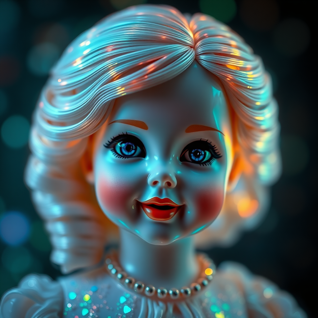 porcelain doll smiling into the camera, aura, Bokeh, abstract, mandelbulb fractal, fractal, brilliant colors, glittering, translucent, mother of pearl, opal, iridescent, natural, glowing, sacred geometry, glitch, interdimensional