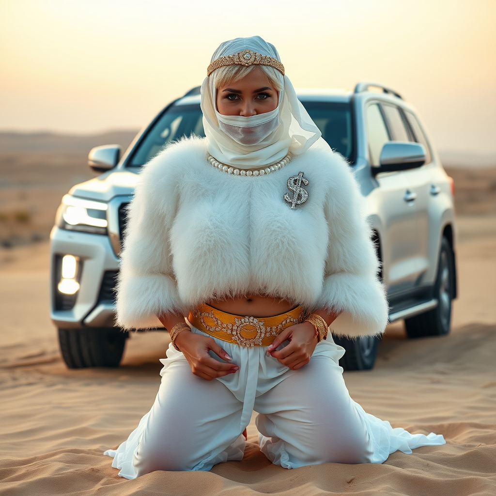 Kuwait desert dunes misty dawn, full size luxury SUV: Melissa, European 17 years old very convincing femboy “trophy-bimbo”, tamed servile docile, very beautiful feminine flawless face, rather short, by hormones very curvaceous womanly figured, platinum blond short tight curls, bold red lips, heavily made-up face, wearing Supertanya-style fluffy very fuzzy bright white angora turtleneck-poncho cropped ending under bust decorated with pearls and gemstones, striking oriental wide gold bridal protection belt, white fully transparent harem pants, full Oriental bridal jewelry including headpiece, white transparent Burka face veil covering noose and mouth, coin anklets, striking diamond “$$$” letter brooch on left chest, pout frustrated, hands tied behind back, kneeling in sand in front of SUV, looking at camera. Focus on face and turtleneck-poncho.