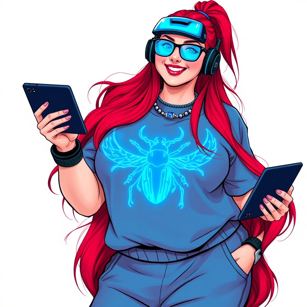 A cyberpunk vigilante’s full-figured intelligent and tech-savvy 29-year-old girlfriend, who is a computer hacker and tech genius. She has a long ruby red ponytail and bright blue eyes. She wears a sapphire beetle gemstone necklace, an oversized Maximum Blue (RGB 71, 171, 204) t-shirt featuring a giant neon blue glowing chest icon of a winged beetle, and matching Maximum Blue sweatpants. She has a full-figured physique with a prominent, enormous, round midsection, reflecting her well-cared-for lifestyle. She sports a sapphire headset with a hi-tech sapphire lensed HUD visor, Maximum Blue (RGB 71, 171, 204) lipstick, black eyeglasses, and a beaming smile with a passionate bright red blush. Despite her figure and a lack of self-esteem, she radiates an air of beauty. She has an angular face which contributes to her radiant beauty. She serves as his tech expert from his hideout, holding a holographic tablet and a hi-tech tool wrench. The background is solid white. She is drawn as if she was in a retro 2D cyberpunk fighting game. Make sure her outfit covers her midsection.