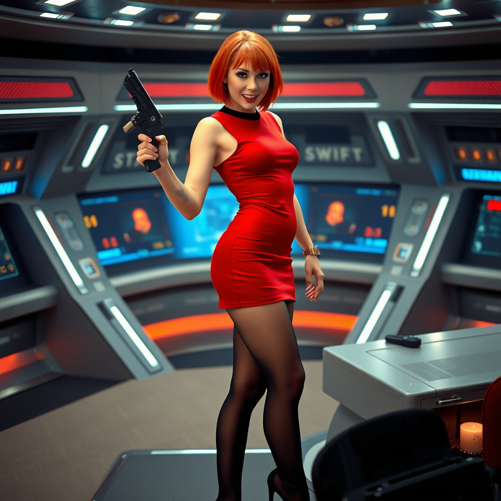 photorealistic, ultra high resolution, 16K, surreal fantasy, bright studio lighting, Tyler Swift is a pretty 24 year old male, slim male physique - no visible breast bulge, red hair, emo makeup, set on the bridge of Enterprise in Star Trek tv series, short red mini-dress, sheer black pantyhose, black stiletto calf-length boots, holding a phaser in his right hand, excited smile, facing the camera.