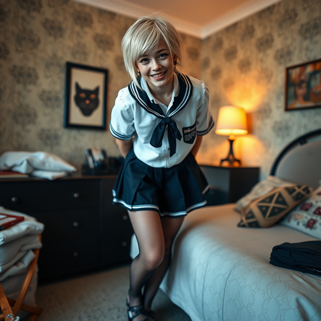 photorealistic, ultra high resolution, 16K, surreal fantasy, soft studio lighting, a pretty 16 year old goth male, slim male physique, short blonde hair, goth makeup, earrings, sheer pantyhose, UK girls-school uniform, Mary-Jane shoes, in the bedroom - , excited smile, facing the camera.