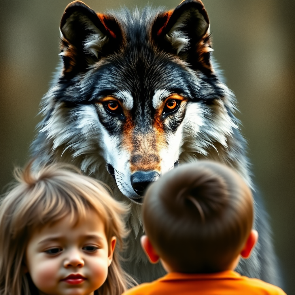 A black, white, and red wolf watches over children. Realistic photo.