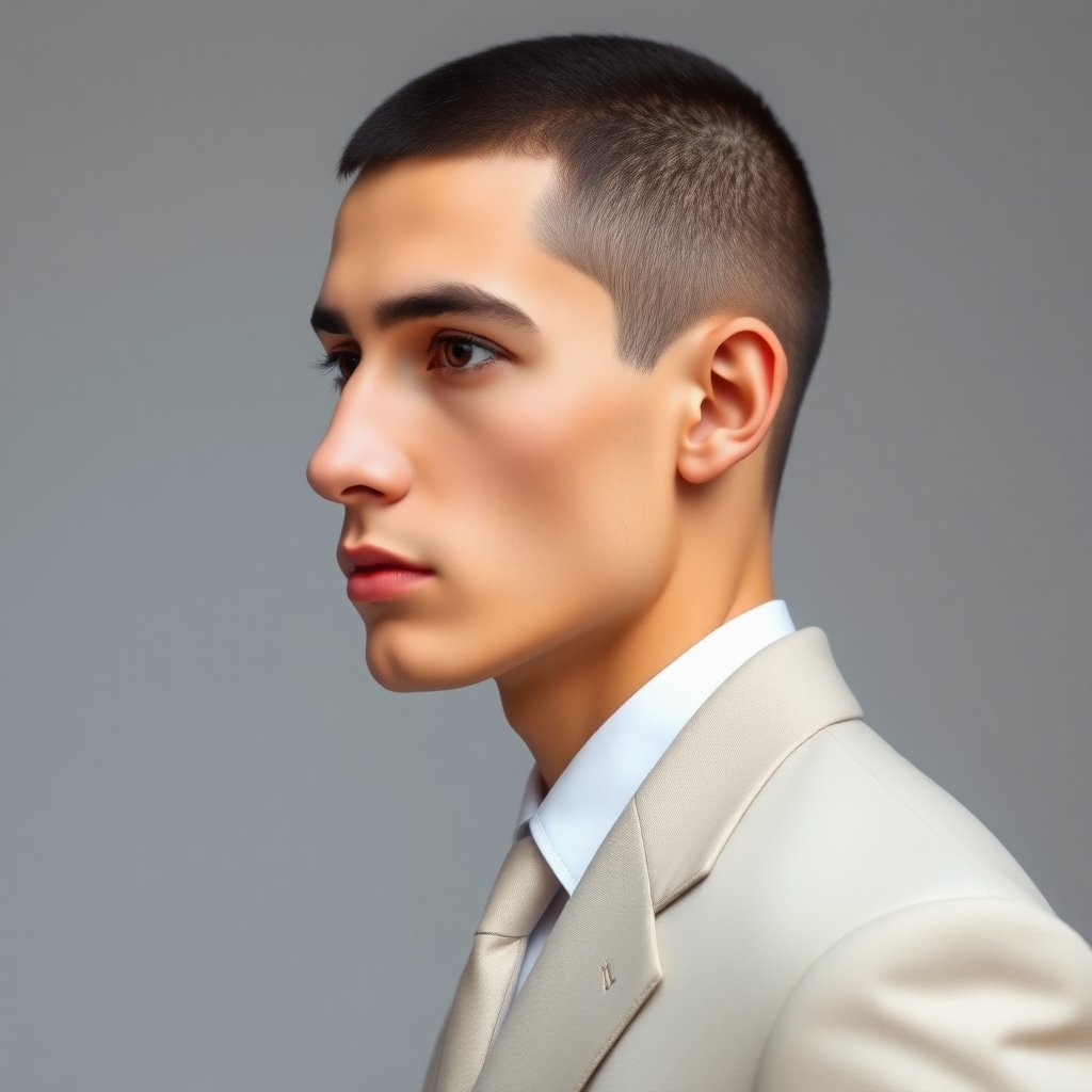 Tall male model in profile, dressed in a light formal suit, patent leather shoes, very short fine curly hair, oval face, small nose, brown eyes, thin lips, normal attached ears, slight double chin, Mediterranean complexion, very thin brown eyebrows.