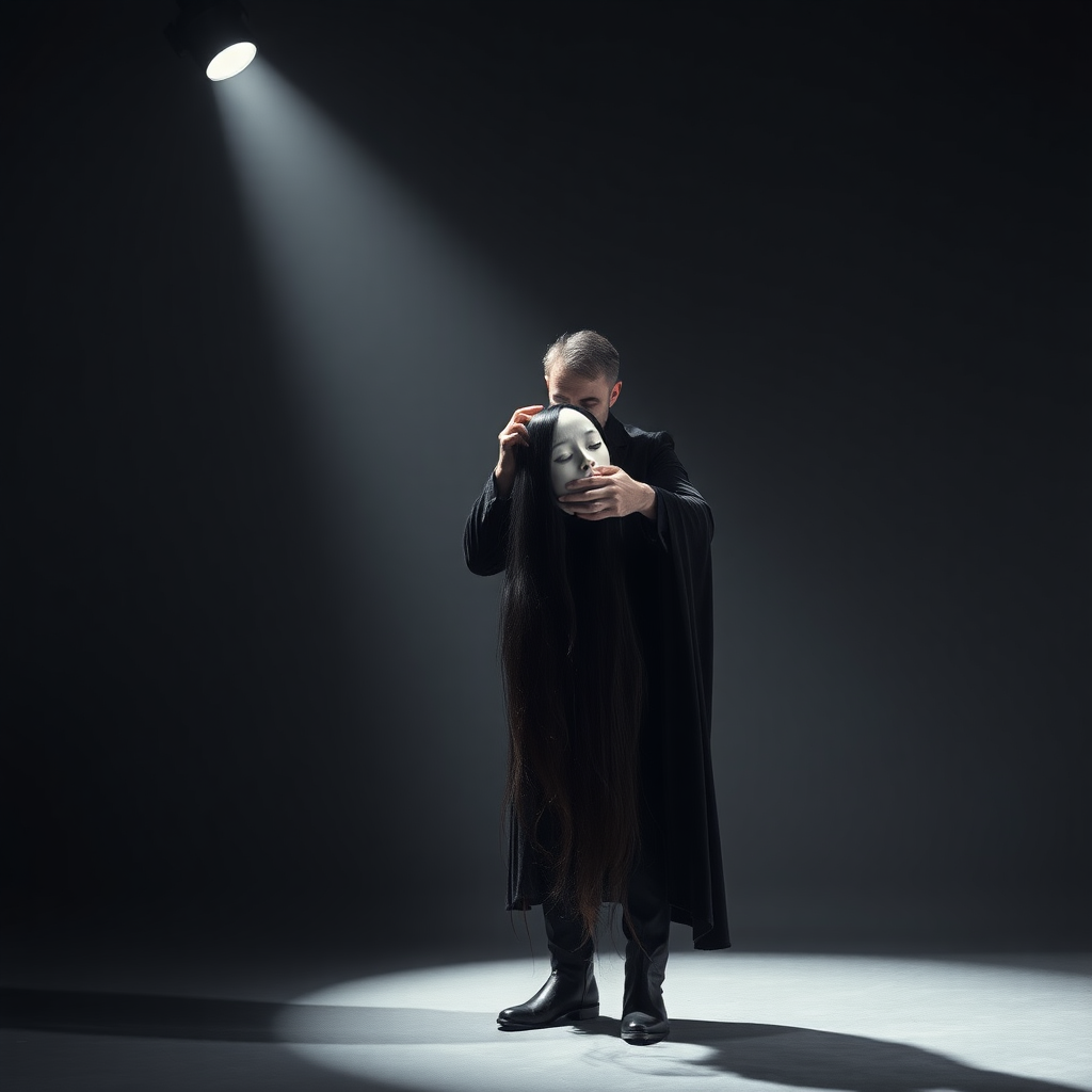 In a dimly lit performance space, the atmosphere is charged with an eerie tension as a magician dressed in a dramatic black velvet cloak executes a chilling illusion. The spotlight shines down, illuminating the stark gray backdrop that envelops the scene in a minimalist aesthetic. At the center, he reveals the severed head of a stunning female magic assistant, her long, flowing hair cascading like silken waves around her lifeless face. The contrast of her vibrant, raven-black locks against her ivory skin creates a haunting tableau.

He grips her hair with a commanding hand, raising her head to the camera with unsettling arrogance, his fingers entwined within the strands as though they are an extension of his own power. As he leans down to plant a lingering kiss on her lips, an air of macabre intimacy hangs heavy in the room, eliciting gasps from an unseen audience, their breath collectively held in awe and horror. The subtle rustle of fabric accompanies his movements, and the faint scent of the magician’s musky cologne permeates the air, mingling with a hint of intrigue.

Dark, dramatic shadows dance across the plain setting, heightening the surreal quality of the performance, as if time has momentarily frozen in this poignant, yet grotesque moment of magic and mastery. The silence is palpable, broken only by the soft thud of the magician’s heart echoing in his chest, a rhythm that underscores the uncanny artistry of his illusion.