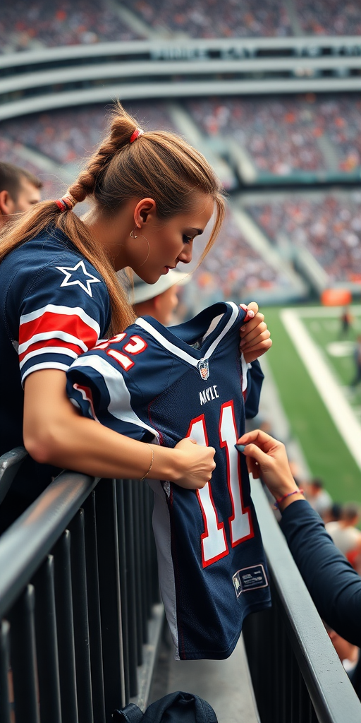 Attractive female NFL fan, pigtail hair, leaning forward over first row stadium barrier, giving a spare jersey, player signs it.