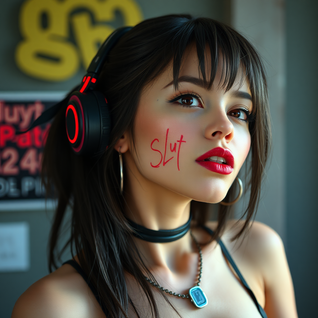 Real detailed full body photo of Sexy cyberpunk waifu, real life, “slut” written in lipstick on her cheek