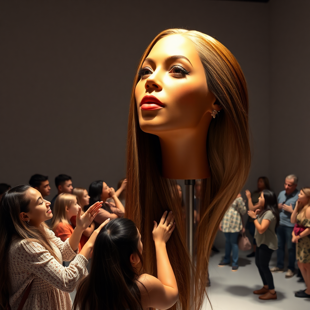 In an innovative art space, an interactive exhibit showcases a mesmerizing magic trick featuring a stunningly realistic, life-sized disembodied head of Beyoncé, adorned with luxuriously long, flowing hair that cascades down the stand like a shimmering waterfall of ebony silk. The exhibit is bathed in soft, warm lighting that highlights the intricate details of her features—high cheekbones, full lips, and vibrant, expressive eyes that seem to sparkle with life. 

Visitors flock to the exhibit, their faces illuminated with curiosity and wonder, as they reach out to gently play with the silky strands, which feel soft and smooth beneath their fingers. The air buzzes with excitement as whispered conversations fill the gallery, punctuated by the occasional gasp of surprise as each visitor experiences the sensation of touching the hair—a surreal blend of fantasy and reality.

The plain gray backdrop serves to accentuate the ethereal quality of the display, drawing the eye solely to the captivating spectacle of Beyoncé's head, as if she is caught in a magical moment between worlds. The overall atmosphere is one of playful enchantment, as guests become part of the performance, interacting with the hair that seems to embody both elegance and whimsy, transforming the experience into a collective celebration of beauty and artistry.