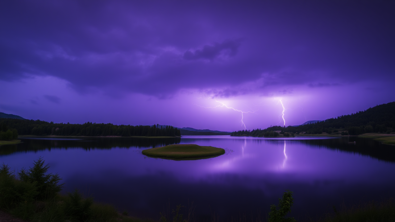 photo, lakes, nature, purple sky, lightning