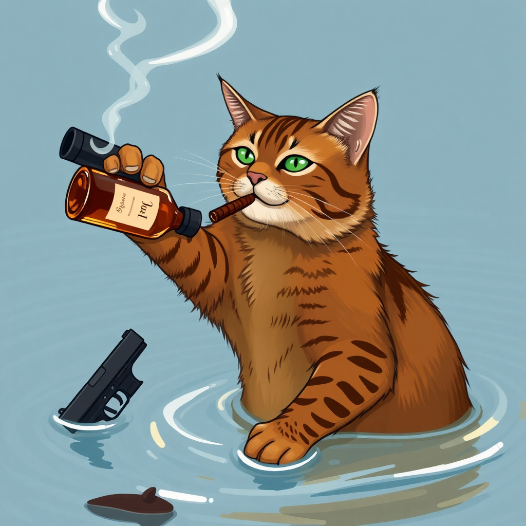 A brown cat with a bottle in one paw and a gun in the water and a cigar in my mouth.