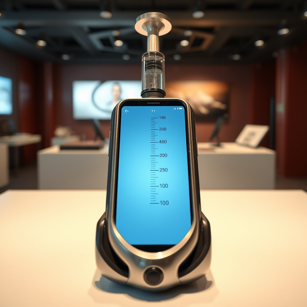 A front view mobile phone in the shape inspired by a syringe, metallic futuristic, kept for sale, in showroom, metallic body, touchscreen phone with on screen