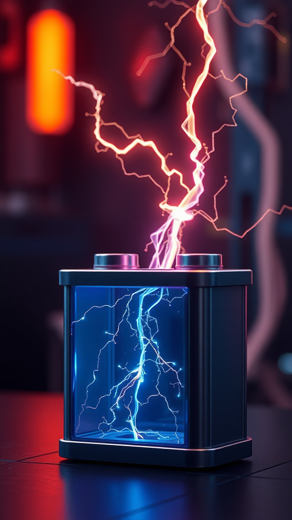 The appearance of an electric spark in a secondary battery, expressed as a realistic image with 3D rendering, the background expressed as a cybernetic and mysterious image, and the overall color as a luxurious and stable color.