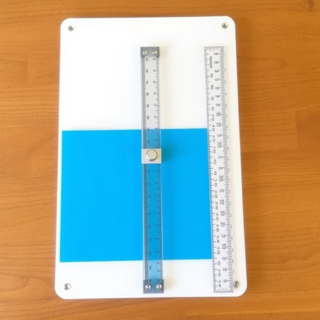 Plastic board and cutting mat: Attach or secure a cutting mat to the plastic board to create a stable surface for cutting tasks.

Ruler with a cuttable thickness hole: Fix a ruler with thin holes that allow a knife to fit on the plastic board (or use a tool that acts as a slider).

Left and right movement: Use a fixture that allows the ruler to move left and right so that it can be positioned as desired during work.

Up and down movement using springs: Attach springs to allow the ruler to move up and down, enabling it to be raised or lowered as needed. This should make it easier to move the ruler and perform cutting tasks with a cutter knife.