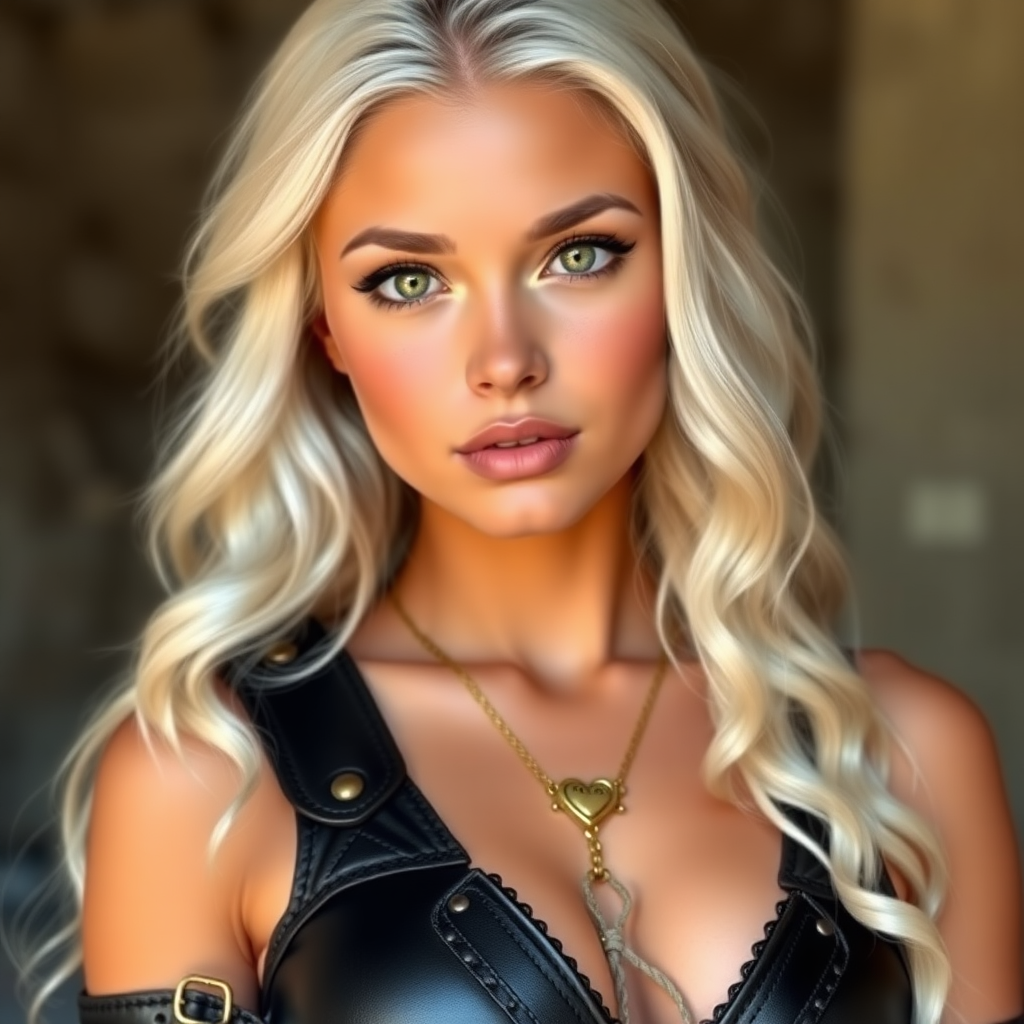 Portrait of a beautiful young woman with long wavy platinum blonde hair, green eyes, a suntan, large breasts, and light brown eyebrows. She is wearing black leather armor and a gold necklace with a small heart pendant.