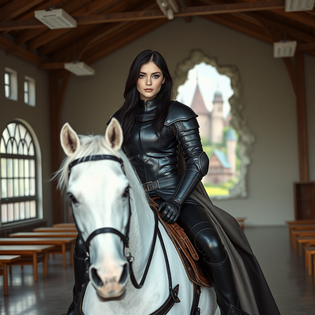 beautiful young woman, dark hair, past her shoulders, blue eyes, small, slim figure, wearing full leather armor suit, long cloak, on a white horse in a large modern classroom, with whole back wall missing, looking outside to a fantasy, medieval village.