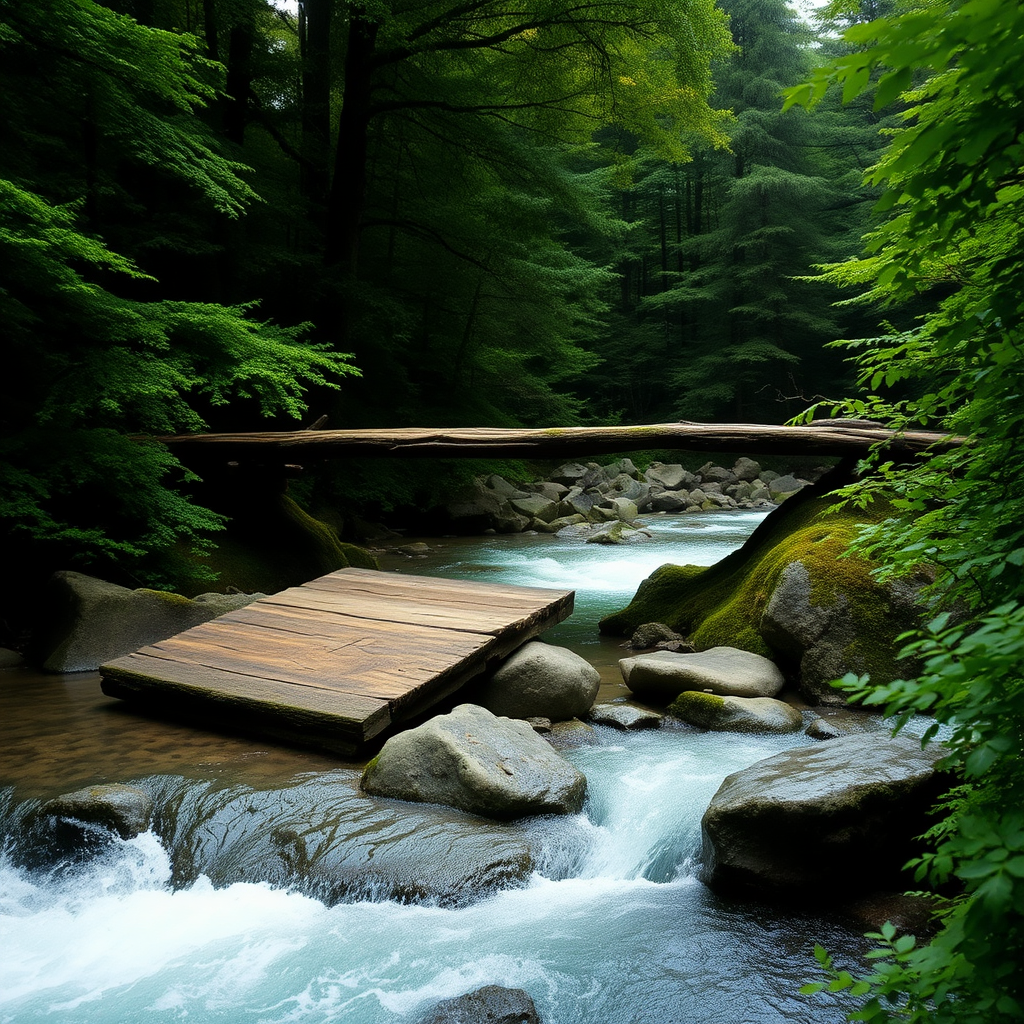 A serene forest scene featuring a weathered wooden bridge crossing over a rushing stream, surrounded by dense greenery. The bridge, made of aged timber with visible texture and moss growth, stretches across smooth stones partially submerged in crystal-clear water. Lush trees with varying shades of green create a natural canopy overhead, while softer green foliage frames the edges of the scene. The rushing water below is a mix of light turquoise and frothy white, reflecting the ambient light. The overall atmosphere is tranquil, evoking a sense of peaceful isolation, captured in a hyperrealistic style to highlight intricate details of nature, with an emphasis on deep greens and the contrasting textures of wood and water.