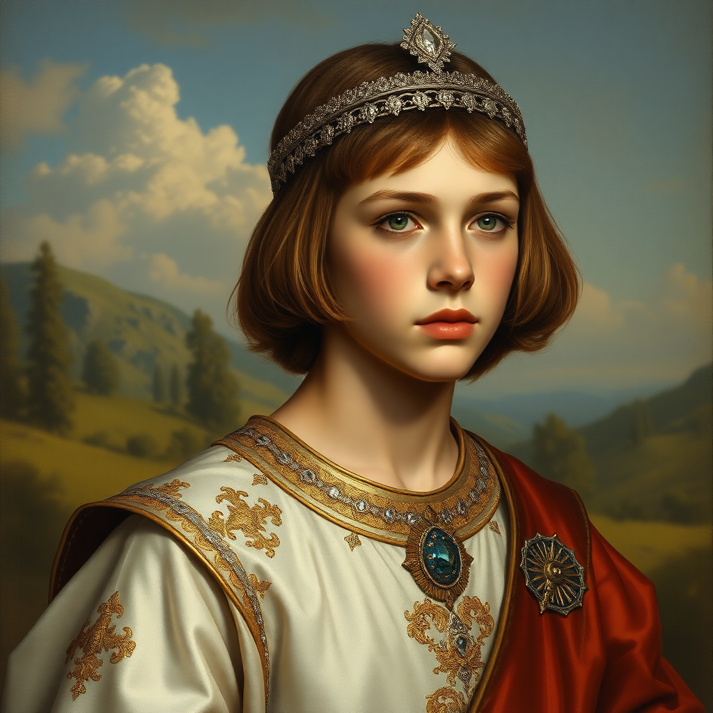 16yo teen boy prince, handsome, long bob cut, embroidered with gold and diamonds medieval cloths, diamond diadem,natural Skin Texture, and Beautiful War. Free style by 20% Adolphe William Bouguereau, Academic realism and 20% Sandro Botticelli, early Renaissance and 60% Otto Lomüller, Boy Scout photorealism. The background is in the style of landscape style by Antonio del Polaiolo,Generating the signature at the bottom : Viva FLUX and Rombach, ultra high resolution, 16K,