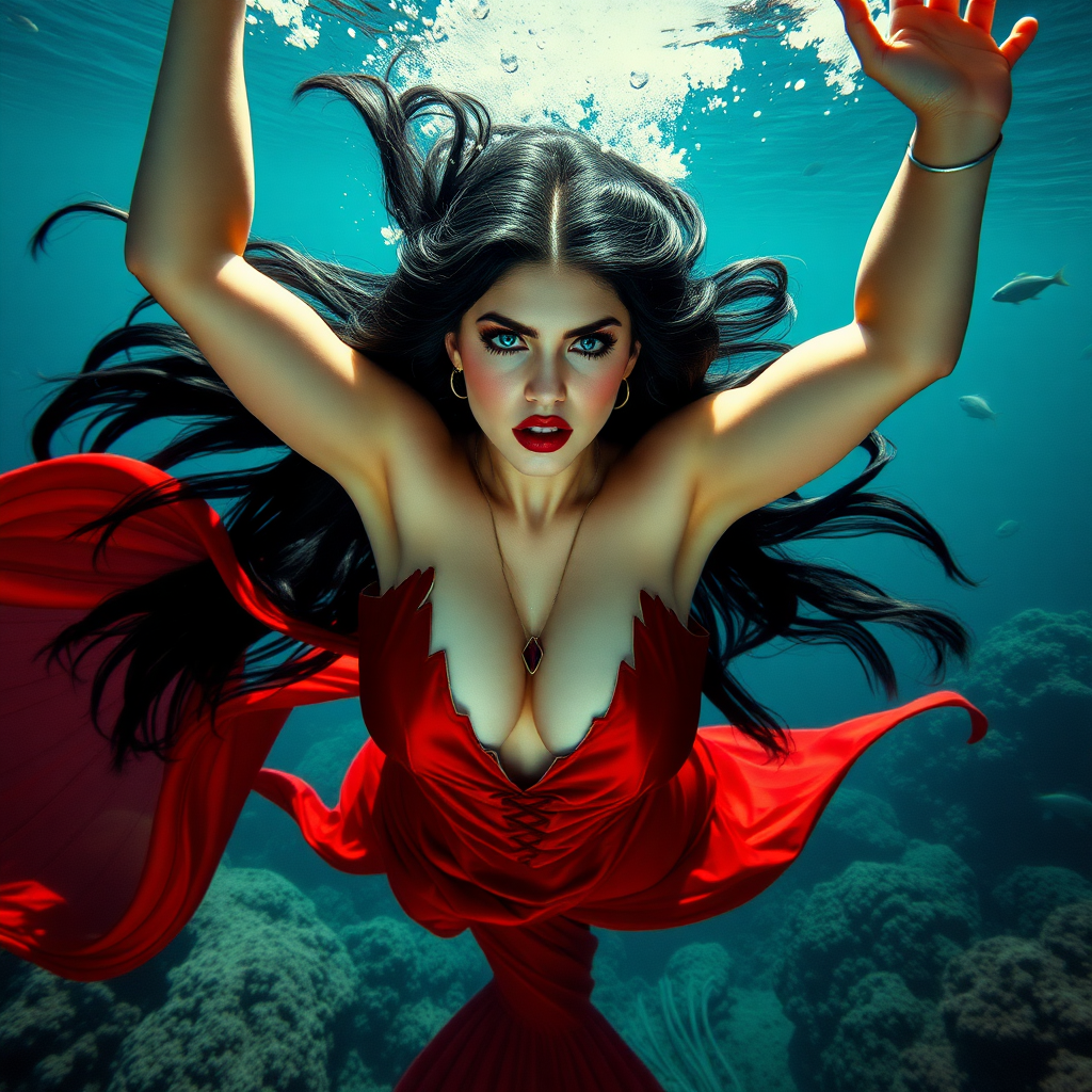 Vampirella as a mermaid, her huge teardrop shaped décolletage spilling out of her loose outfit as she swims down underwater directly towards the viewer. She maintains intense eye contact. Her long hair floats like a nimbus cloud. Her arms are raised high, floating over her head. She is deep under the sea surrounded by aquatic life. It is a highly detailed DSLR Photograph.