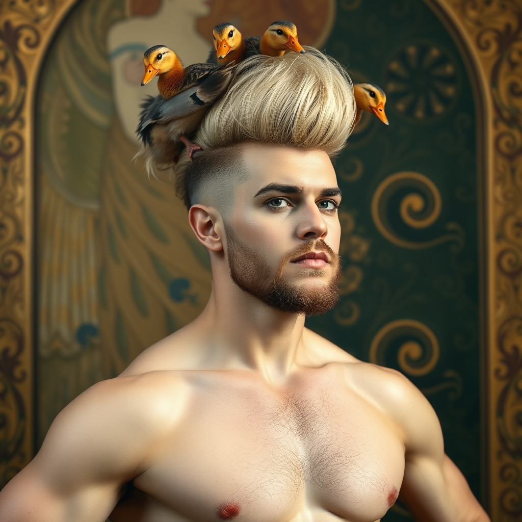 The background is a painting by Gustav Klimt. A 4K hyper-realistic photograph in the style of Kandinsky, blending surrealism with kitsch. The subject is a man with an extravagant, Italian blond haircut, styled in a flamboyant bun, paired with a sexy, Masculine look. He sports a neatly groomed, three-day beard — short, evenly distributed, with a light shadow effect across the chin, jawline, and cheeks. His makeup is dramatic, like a drag queen, adding to the boldness of his appearance. He has a muscular, athletic build. He’s naked, standing confidently with his hands on his hips. Above him, smaller ducks rest playfully on his head.