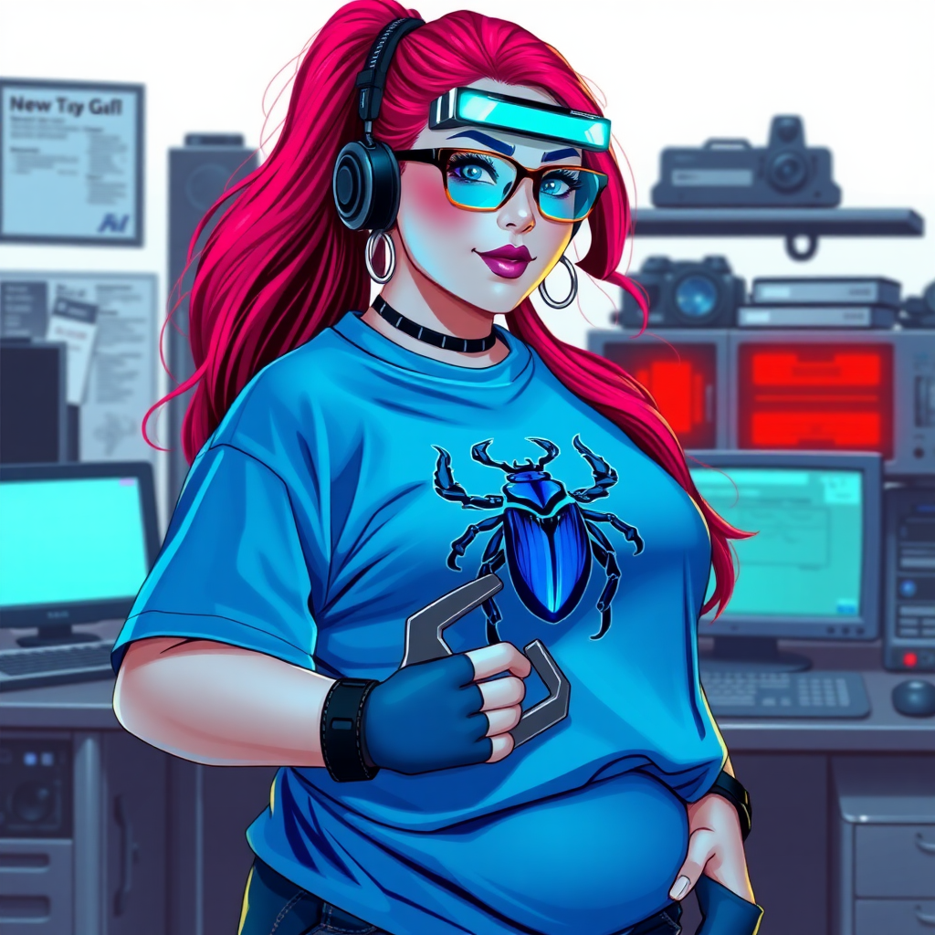 A cyberpunk vigilante’s full-figured intelligent and tech-savvy 29-year-old girlfriend, who is a computer hacker and tech genius. She has a long ruby red ponytail streaked with sky blue. She wears maximum blue lipstick, blue eyes, a sapphire beetle gemstone necklace, sapphire earrings, black eyeglasses, a futuristic holographic wristwatch computer, and an oversized maximum blue t-shirt featuring a neon blue beetle chest emblem. She has a full-figured, well-rounded physique with a prominent, round midsection, reflecting her well-cared-for lifestyle. Her round midsection is broadened and bloated to emphasize her figure. She sports a sapphire headset with a high-tech maximum turquoise lensed HUD, and a shy smile with a neon red blush. She is holding a futuristic hi-tech wrench while standing in her workshop in front of her computer desk and work bench. The background is solid white. She is drawn as if she was in a retro 2D cyberpunk fighting game.